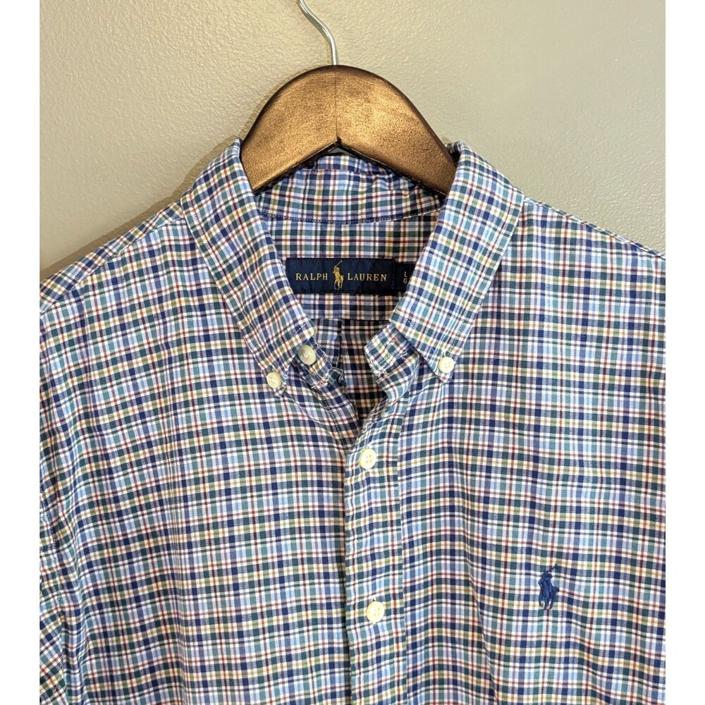 Ralph Lauren Mens Large L Blue Green Plaid Tattersall Button Down Shirt Long LS